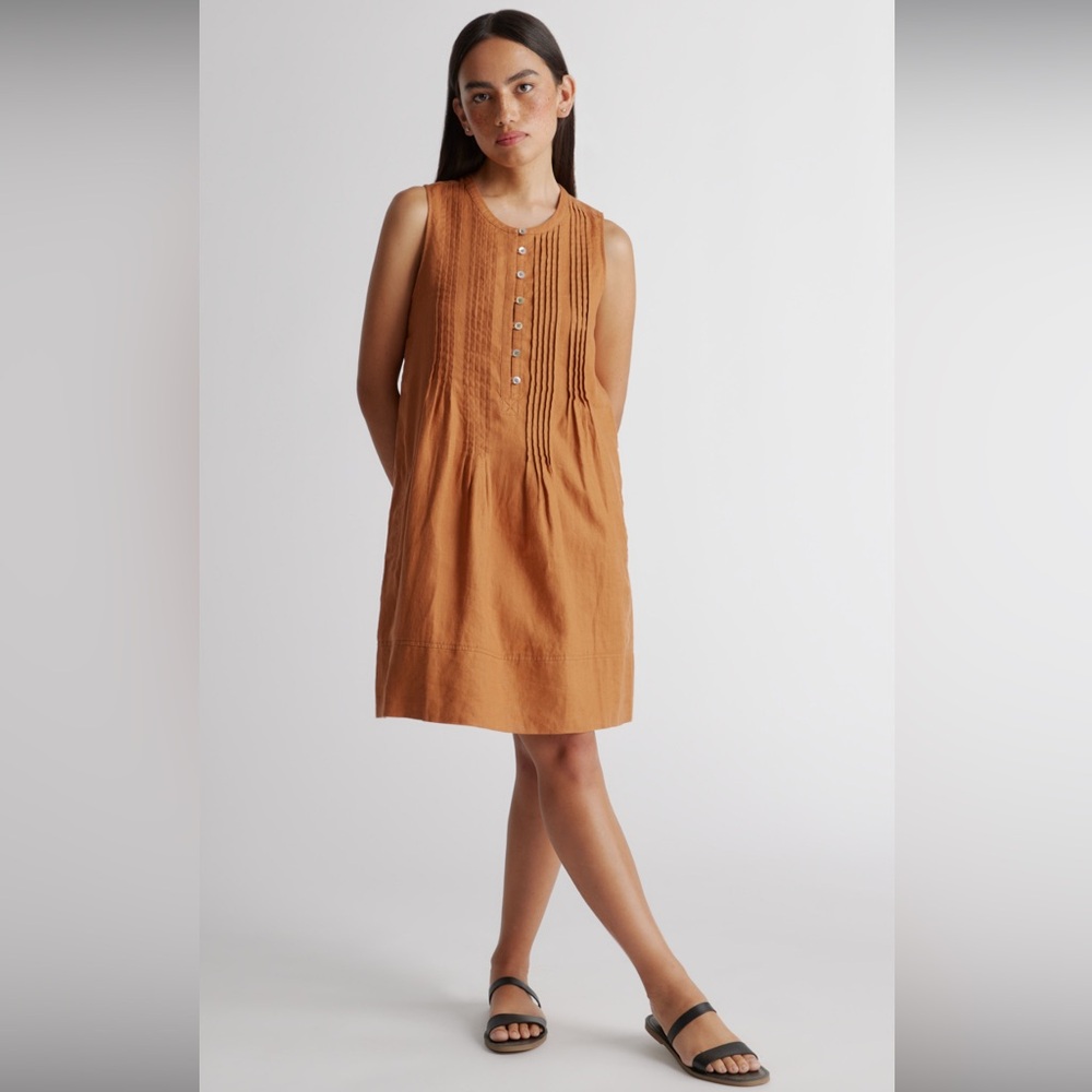Quince Rust Orange Sleeveless Pintuck Button Linen Dress